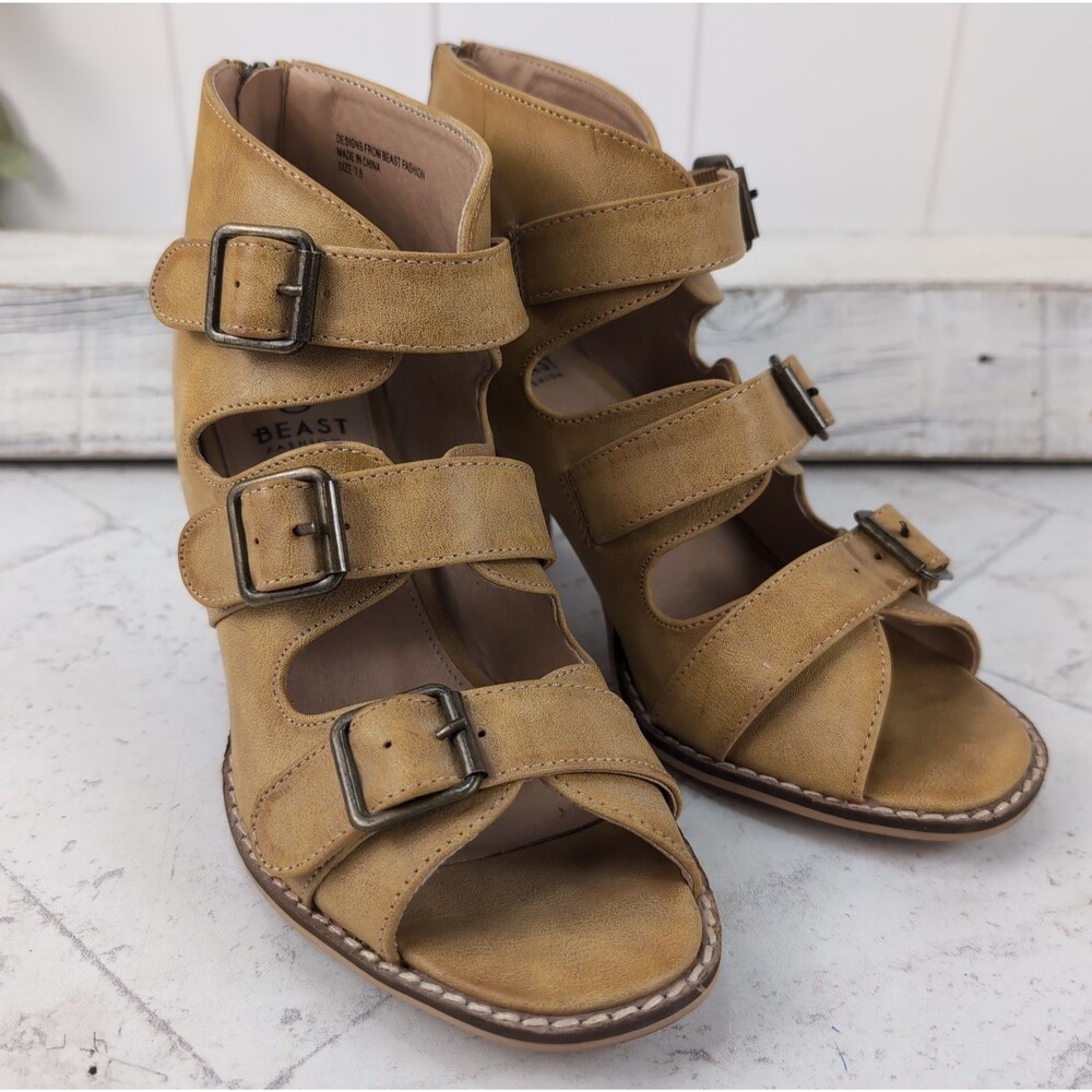 Beast Fashion Marjorie Block Heel Sandals Wide Straps Women's 7.5 Mustard Yellow